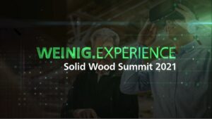 Napis Weinig.Experience Solid Wood Summit 2021 na nowocześnie wyglądającym tle.